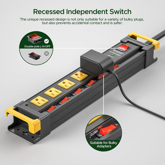 CRST 3300J Mountable Metal Surge Protector Power Strip with Recessed Individual Switches, 6FT Flat Plug Power Cord,  ETL Listed