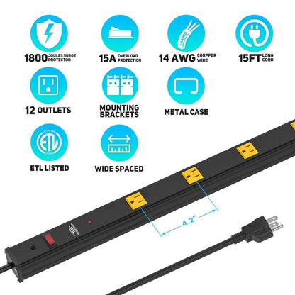CRST 4.2" Wide Spaced 12 Outlets Mountable Metal Power Strip Surge Protector, 15FT Power Cord, Mounting Brackets Included